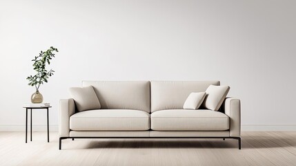 Fototapeta premium Minimal furniture idea. Modern living room with a cozy beige sofa and a potted plant beside a simple table.