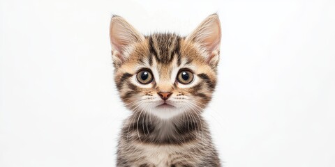 Charming portrait of a cute shelter kitten against a clean white background, showcasing the adorable features and personality of this cute shelter kitten. Perfect for animal lovers and pet