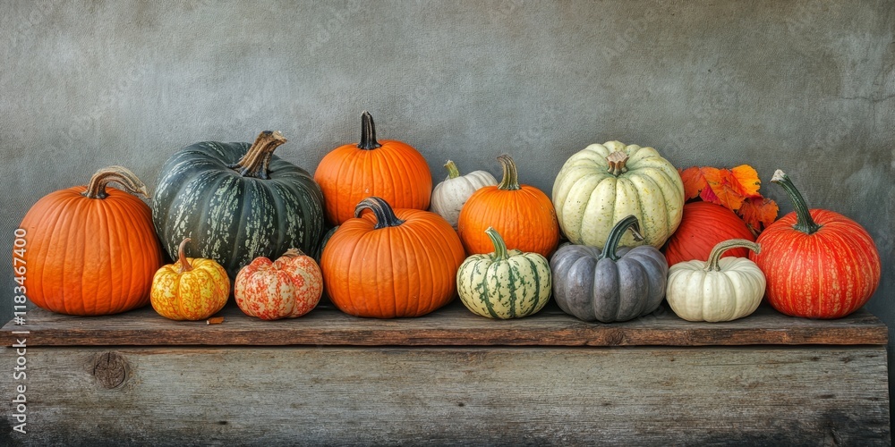 Poster assorted pumpkins and squashes arranged on rustic wooden boards create a stunning autumn backdrop, h