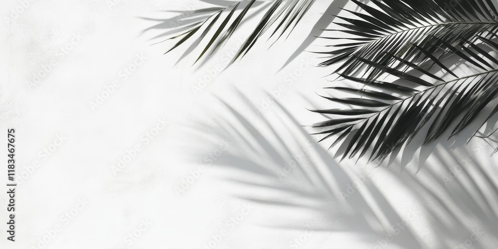 Aufkleber Shadow of palm leaves cast on a textured white background, creating a striking visual effect. The palm leaves shadow enhances the simplicity of the white background beautifully.