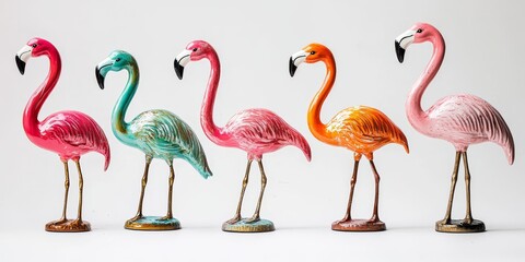 Obraz premium Flamingo figurines displayed against a plain white background, showcasing the vibrant colors and unique designs of these charming flamingo figurines that add a whimsical touch to any decor.