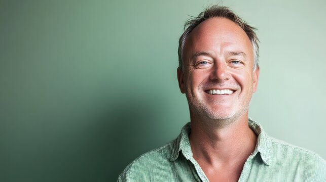 A man smiling contentedly, eyes relaxed, against a soft green background