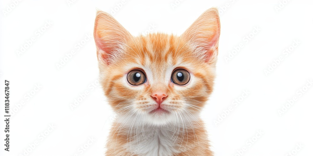 Poster adorable face of a cute kitten captured against a white background, showcasing the charming features