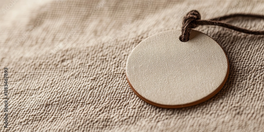 Fototapete closeup of a circular tag with space for text on beige fabric, showcasing an elegant design. this ci