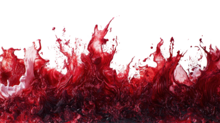 An abstract arrangement of blood splashes and drips, blending vibrant red shades with detailed textures, against a clean white background.