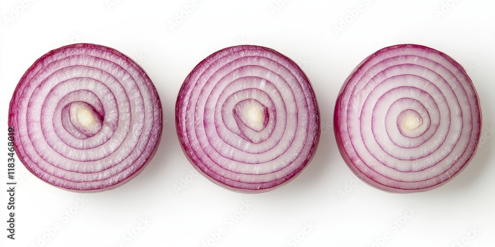 Poster three bulbs of sliced red onion are displayed, isolated on a white background, highlighting the vibr