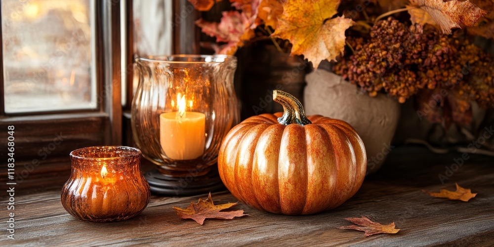 Poster cozy autumn setting featuring candles and a pumpkin, creating a warm atmosphere. this autumn display
