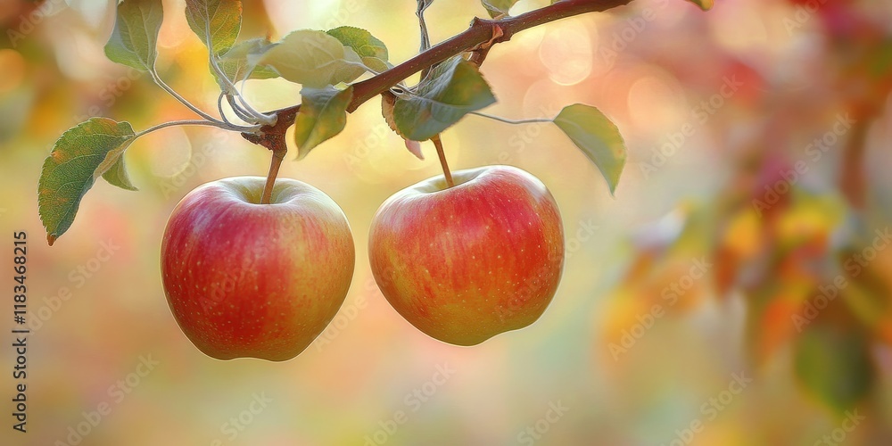 Poster Two apples are suspended from a branch with a soft focus orchard in the background, highlighting the beauty of the apples amidst nature s allure in this enchanting scene.