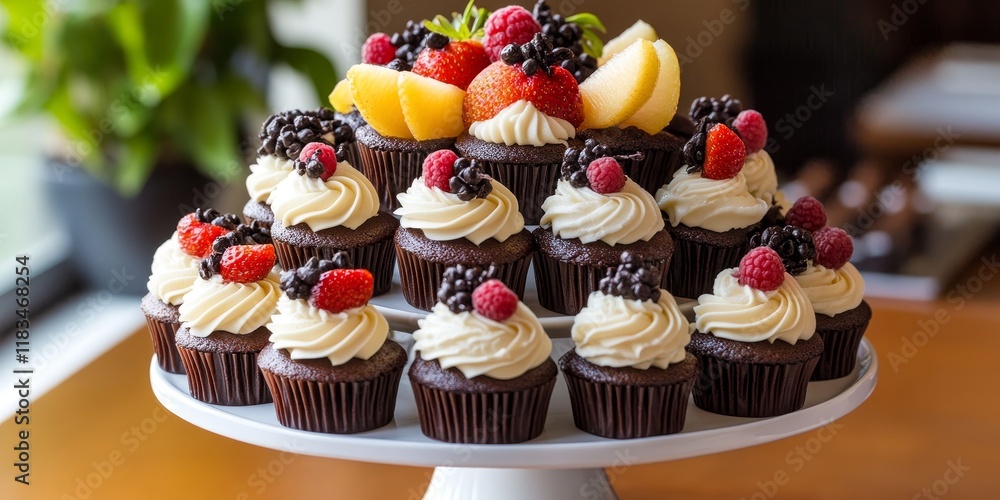 Poster A tiered tray showcases an array of cupcakes adorned with fresh fruit and delightful chocolate decorations, creating a visually appealing display of treats.
