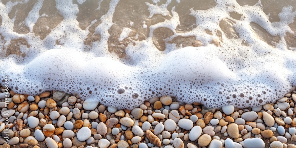 Poster serene sea shore featuring gentle waves, frothy foam, and smooth pebbles, creating a tranquil atmosp