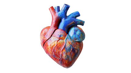 An artistic interpretation of a human heart, blending realistic anatomy with vibrant colors, set on a bright white background.