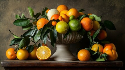 Vibrant arrangement showcasing still life with oranges, lemons, limes, kumquats, calamondin, and mandarins, highlighting the beauty of these citrus fruits in a captivating still life composition.