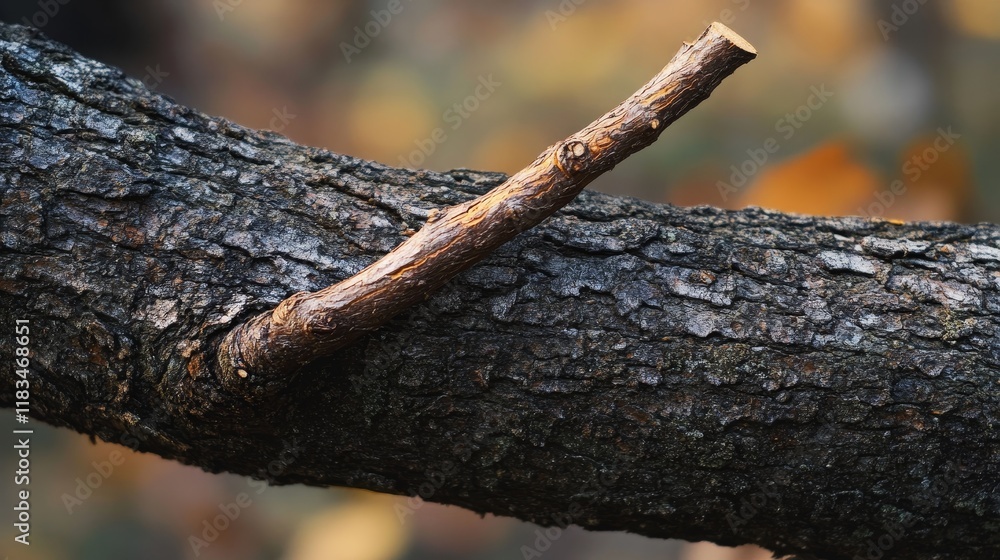 Poster nature background featuring a sawn twig resting on a tree trunk, showcasing the intricate details of
