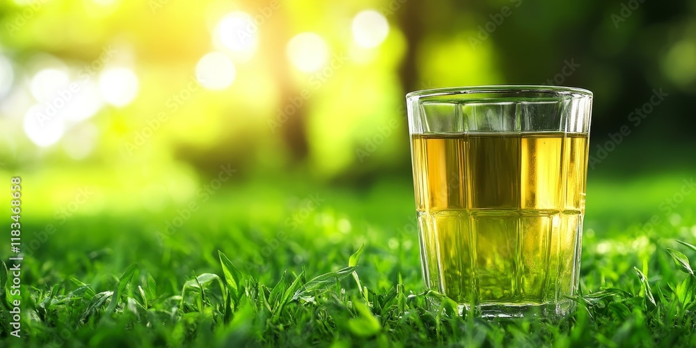 Poster a refreshing glass of green tea set against a background of lush green grass, featuring ample space 