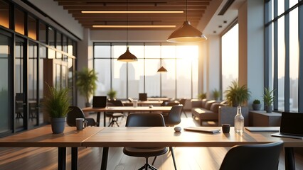 A shared coworking space with ergonomic furniture and natural lighting