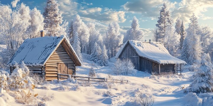 Snow covered old wooden cabin and storage house, commonly known as stabbur, in winter. This scene features the charming design of a stabbur, set in a beautiful winter landscape.