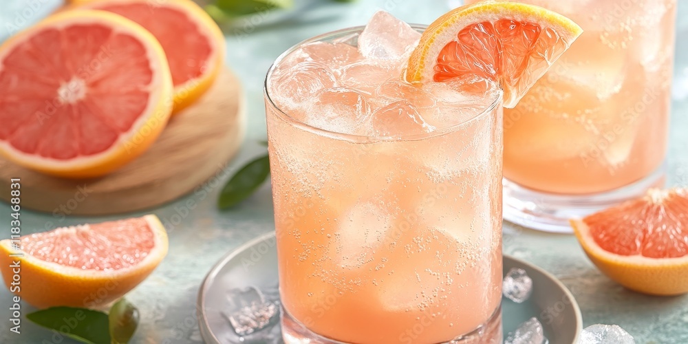 Poster a refreshing image of pink grapefruit soda, showcasing the vibrant color and effervescence of pink g