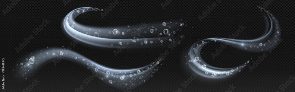 Poster bubble swirl effect collection with transparent wavy trails - luminous curved streams decorated by s
