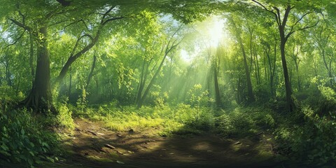 Obraz premium Lush green forest landscape panorama featuring vibrant trees and sunlight filtering through leaves, creating a serene atmosphere in the heart of nature s green forest.