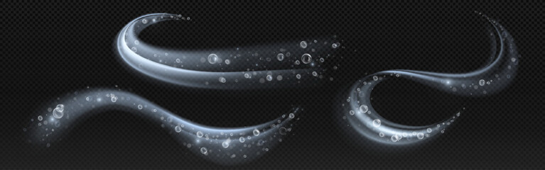 Bubble swirl effect collection with transparent wavy trails - luminous curved streams decorated by sparkling spherical droplets on dark background. Dynamic flowing motion paths for underwater design. © klyaksun