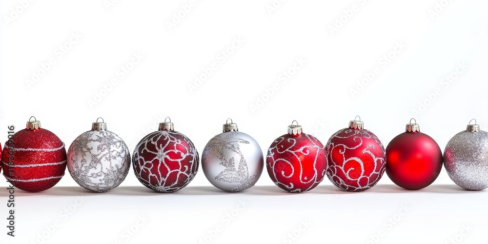 Poster red and silver border christmas balls and baubles arranged in a row, beautifully isolated on a white