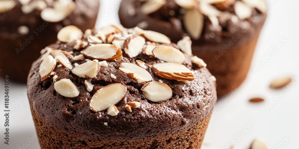 Poster selective focus on a delicious chocolate muffin topped with almond slices, showcasing the rich textu