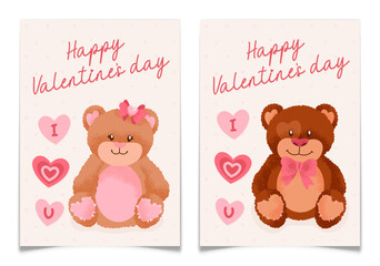 Valentines Day card set with cute teddy bears couple. Elegant handwritten love text. Holiday romantic postcard collection with hand drawn plush toy animals. Flat style textured vector illustration