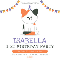 Greeting and invitation card for kids 1st Birthday party. Cute baby cat in flat childrens style. Vector illustration, design for card, poster, event