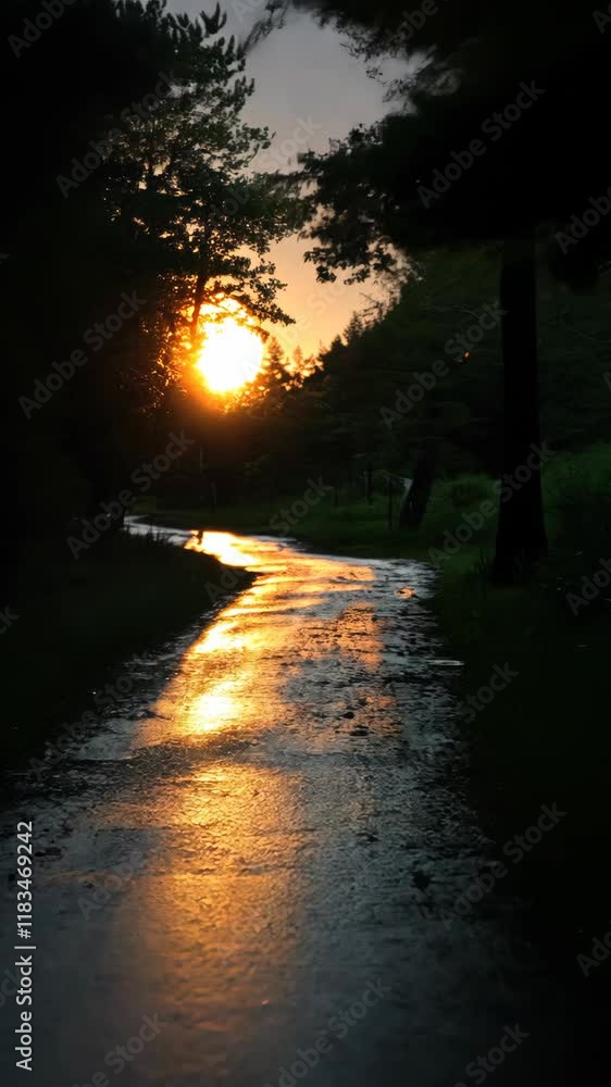 Aufkleber sunset over a winding path through a forest creating a serene and reflective atmosphere
