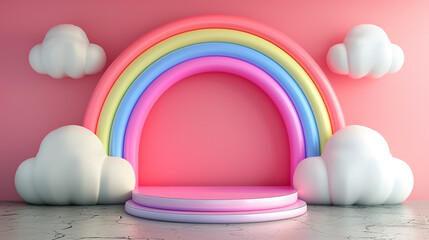 Colorful rainbow arch with clouds and podium background
