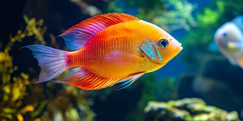 Obraz premium Colorful freshwater aquarium fish, including the unique Blood Parrot fish, add vibrancy and life to any setting. Discover the beauty and charm of Blood Parrot fish in your aquarium.