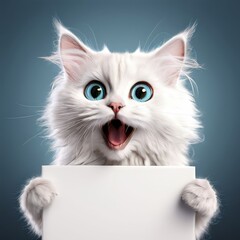 the AI Image Generator, Cute White Kitten Holding Blank Sign With Surprised