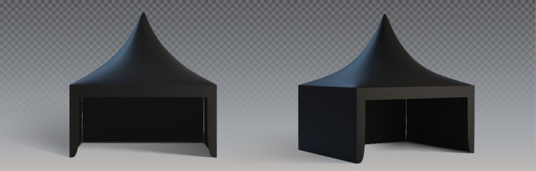 Black tent booth mockup collection with pointed roof - empty promotional pavilion from front and perspective views. Elegant kiosk template for outdoor festivals, markets or commercial demonstrations.