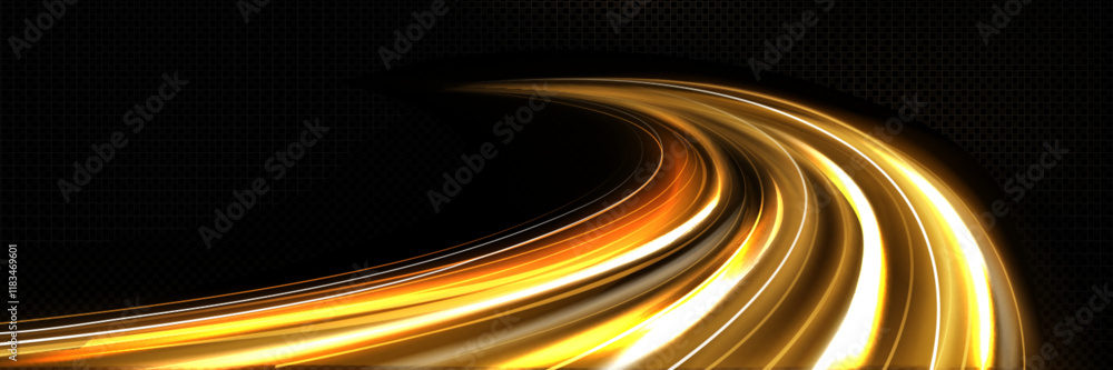 Poster speed light trails with golden effect on black background - luminous curved streaks create dynamic m