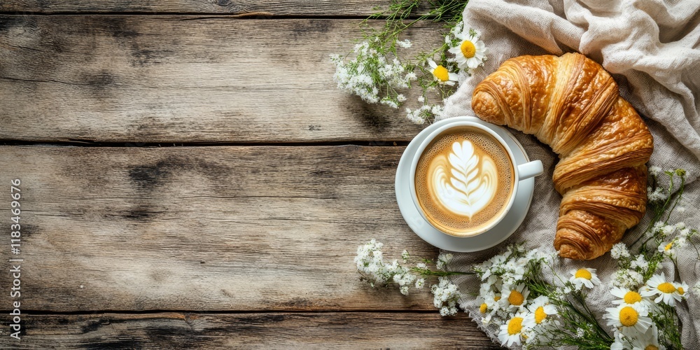 Poster cozy coffee and croissant arrangement on a rustic wooden table, capturing the delightful essence of 
