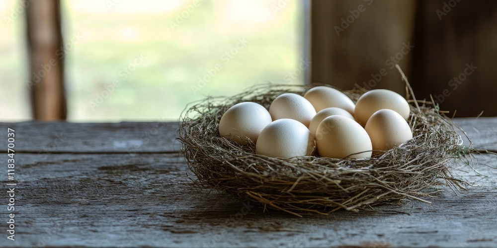 Poster Fresh eggs nestled in a cozy nest rest on a wooden table, showcasing the natural beauty of fresh eggs and their inviting presence in any setting. Fresh eggs bring warmth and charm to the scene.