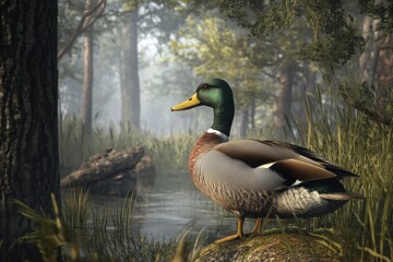 Obraz premium Mallard Duck Rests on Rock by Pond in Misty Forest, Wildlife Beauty
