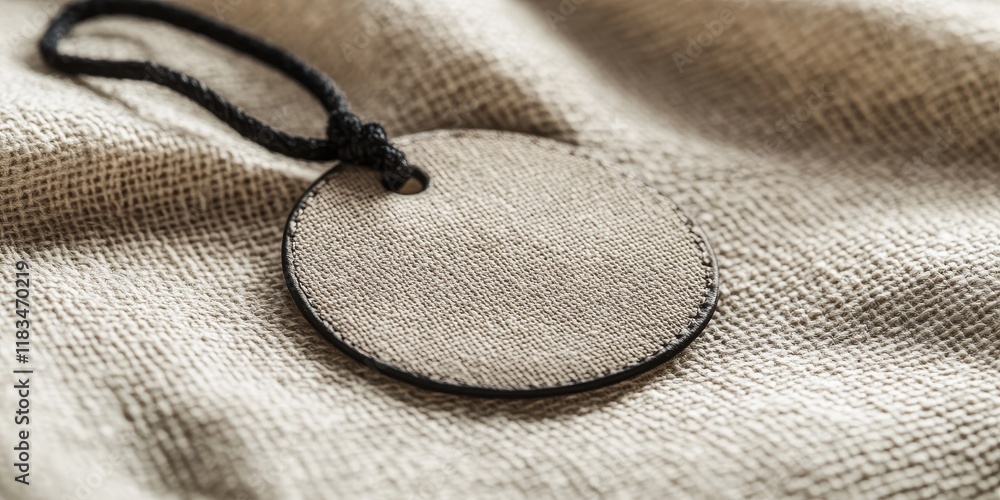 Aufkleber Closeup of a circular tag with space for text on beige fabric, showcasing an elegant design. This circle shaped tag provides a versatile option for text display on fabric.