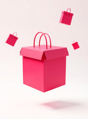 A red paper box on it floats in mid-air, surrounded by flying pink shopping bags, against a white background. new image