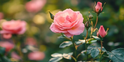 A close up view of a pink rose blooming in a vibrant garden during springtime, showcasing the delicate beauty of the pink rose as it flourishes in its natural setting.