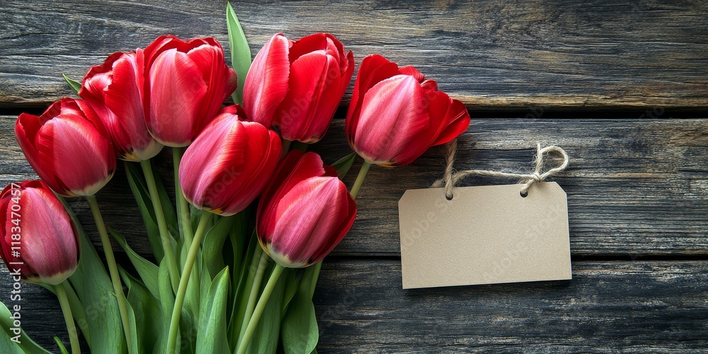 Poster valentine s day red tulips elegantly arranged with a blank tag on a rustic wooden background, perfec
