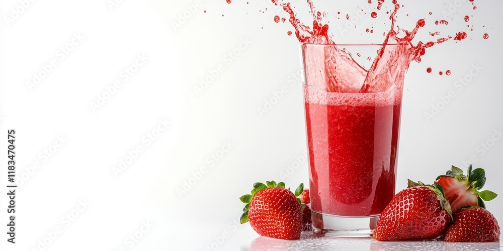Poster fresh strawberry juice being poured against a clean white background, showcasing the vibrant color a