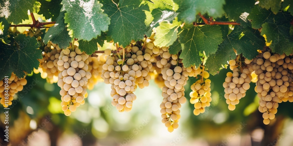 Poster clusters of white grapes dangle from the vines, displaying ripe grapes surrounded by vibrant green l