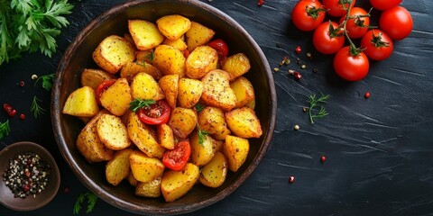 Delicious top view of fried potatoes with seasonings and vibrant red tomatoes on a dark background. This meal features the irresistible appeal of tasty fried potatoes, perfect for culinary delights.