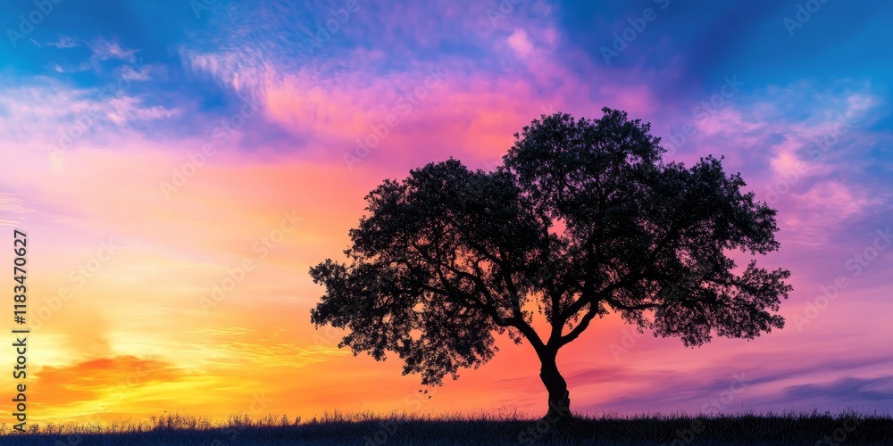 Poster tree silhouette prominently displayed against a vibrant sunset sky, showcasing the beauty of nature 