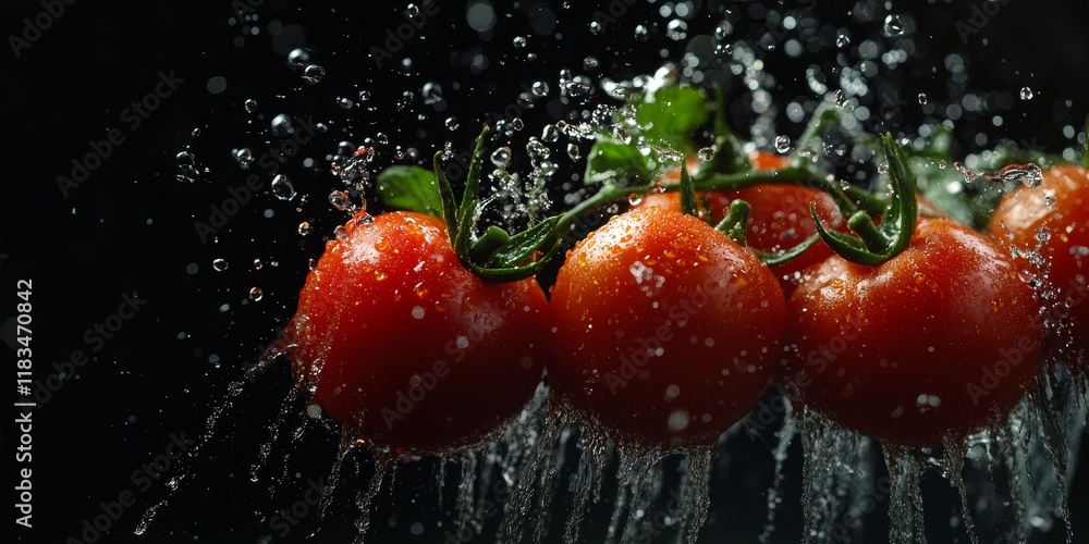 Poster close up shot of tomatoes, also known as solanum lycopersicum, showcasing vibrant colors with water 