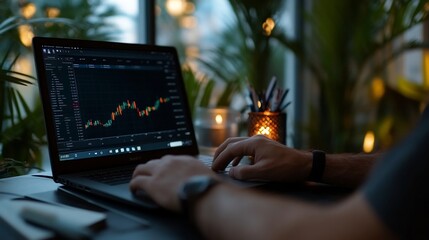 Analyzing Stock Market Trends on Laptop at Night