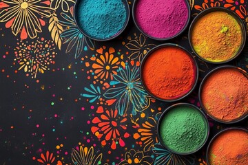 Vibrant Holi Celebration Colorful Powders on Floral Background for Cultural and Artistic Events