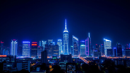 Fototapeta premium a dynamic cityscape background at night, showcasing a skyline illuminated by vibrant neon lights in shades of blue and green, capturing the essence of urban life and energy.