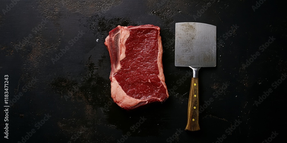 Poster raw beef steak on a meat cleaver displayed against a black background. this beef steak is showcased 